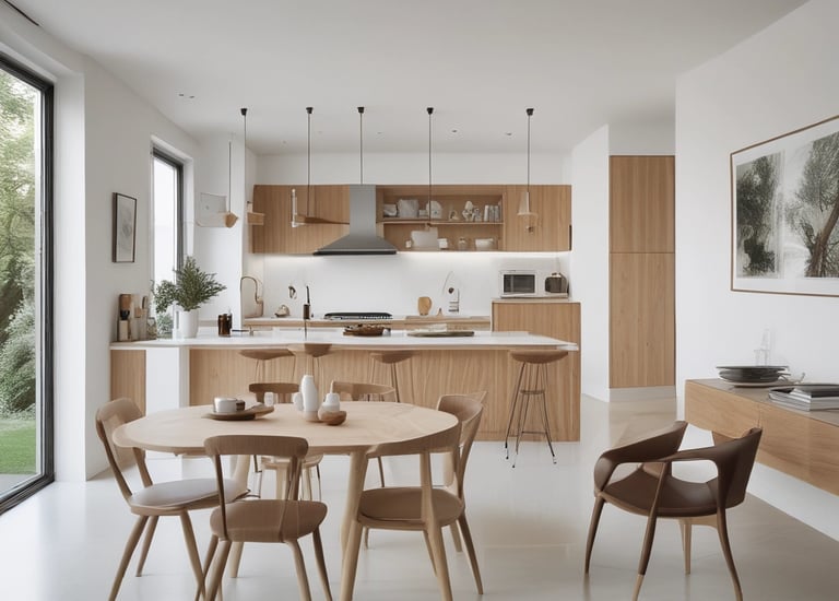 Cozy living room featuring natural wood furniture and soft lighting.
