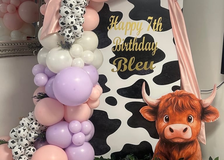 Cow themed birthday balloon display for children’s party in Liverpool