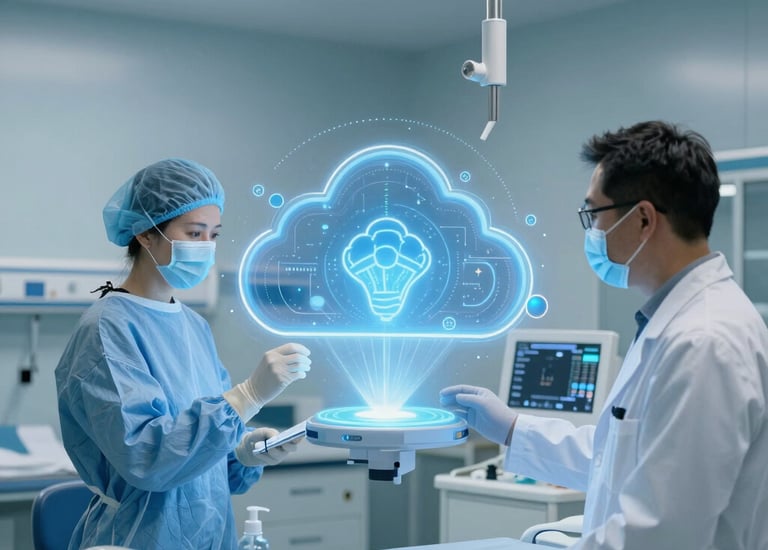 A modern hospital control room with AI dashboards displaying patient data.