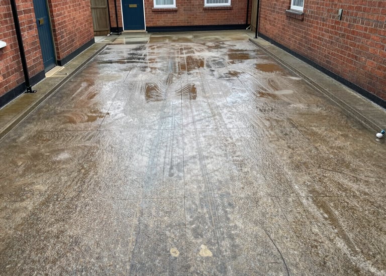 Before and after of a commercial driveway power washed to remove years of grime.