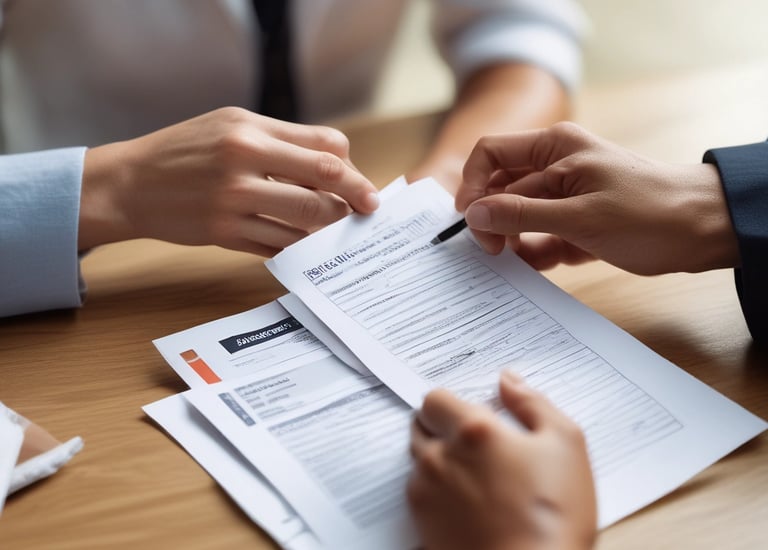 Close-up of hands exchanging health insurance documents during a consultation.