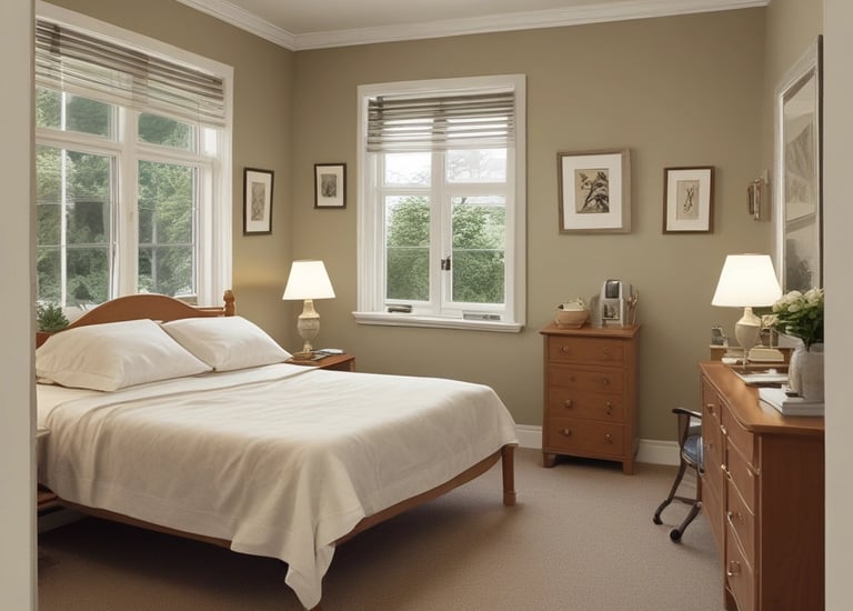 A friendly caregiver assisting an elderly woman with a warm smile in a cozy living room.