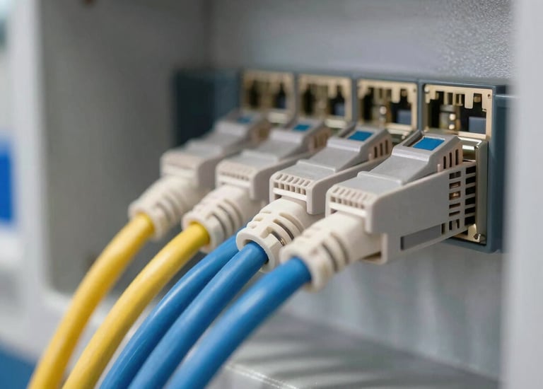 Close-up of fiber optic cables glowing with blue light inside a server room