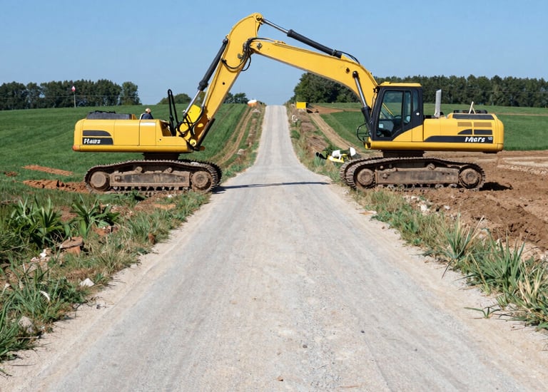 Engineers reviewing blueprints inside a partially constructed factory building.