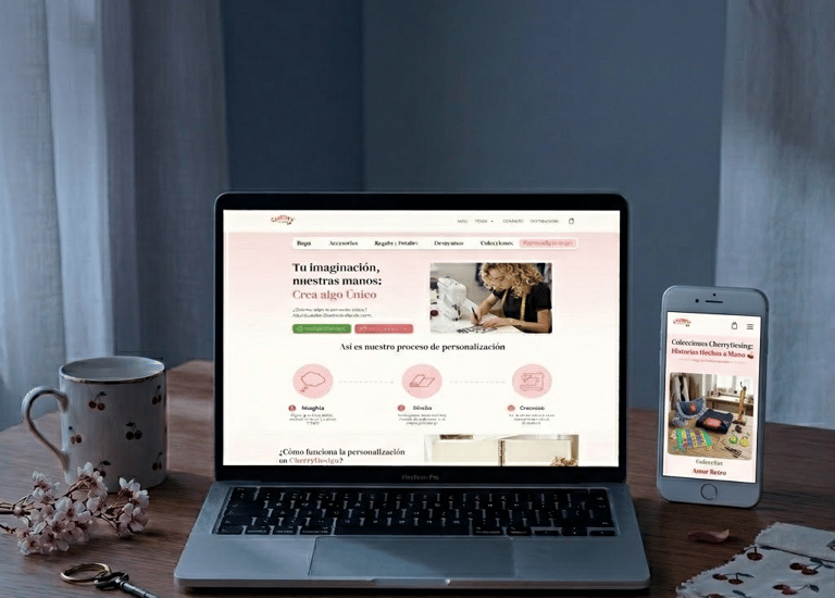 A laptop and smartphone displaying a responsive handmade crafts website on a wooden desk with a cherry blossom theme.