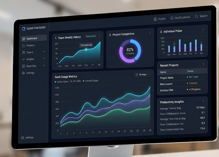 SaaS data analytics dashboard on a computer monitor displaying business metrics and performance charts.