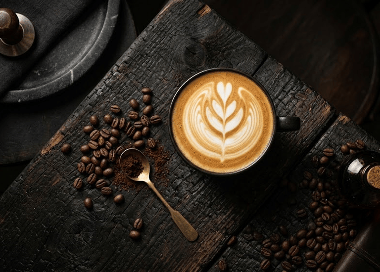 A hot cafe latte with leaf latte art on a rustic dark wood table with roasted coffee beans.
