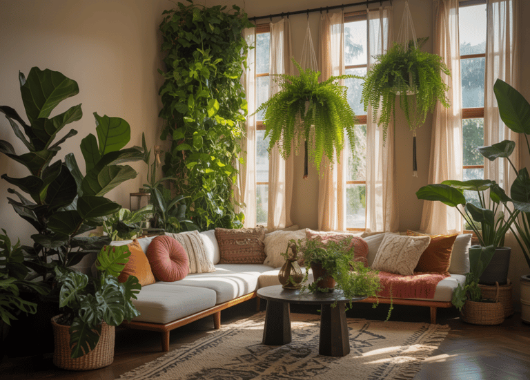 Balanced plant placement throughout a bohemian living room, mix of large and small plants, greenery 