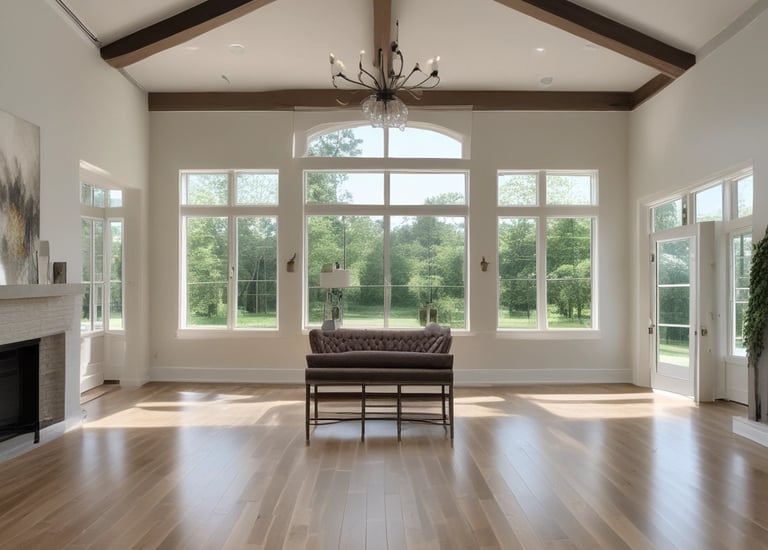 Installation team fitting LVP flooring in a bright, airy room.