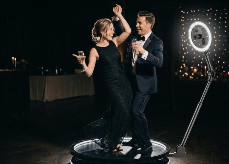 A happy couple dancing on a 360 photo booth platform at a formal event with a ring light camera.