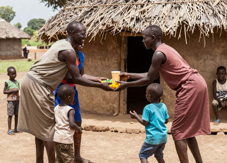 A group of community members gathered outdoors, sharing stories and support under a bright Kenyan sky.