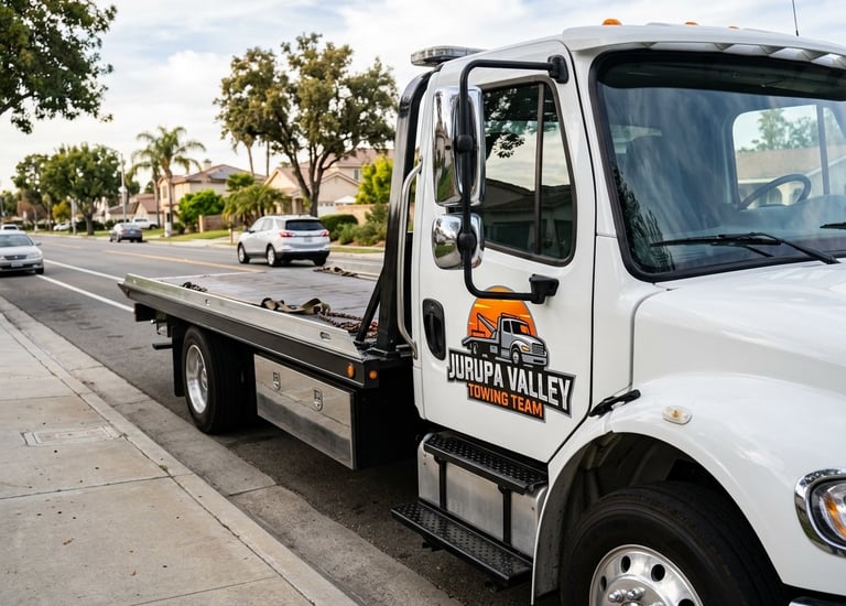 Street-level photo of a white flatbed tow truck featuring the logo of Jurupa Valley Towing Team,