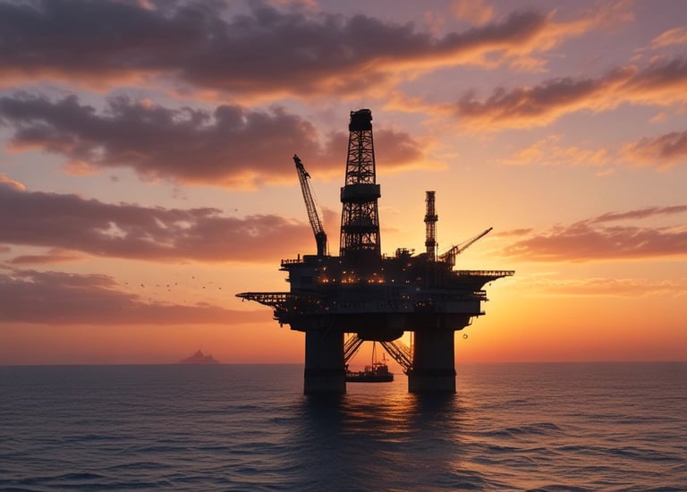 A rugged drilling rig operating under a bright blue sky in the Australian outback.