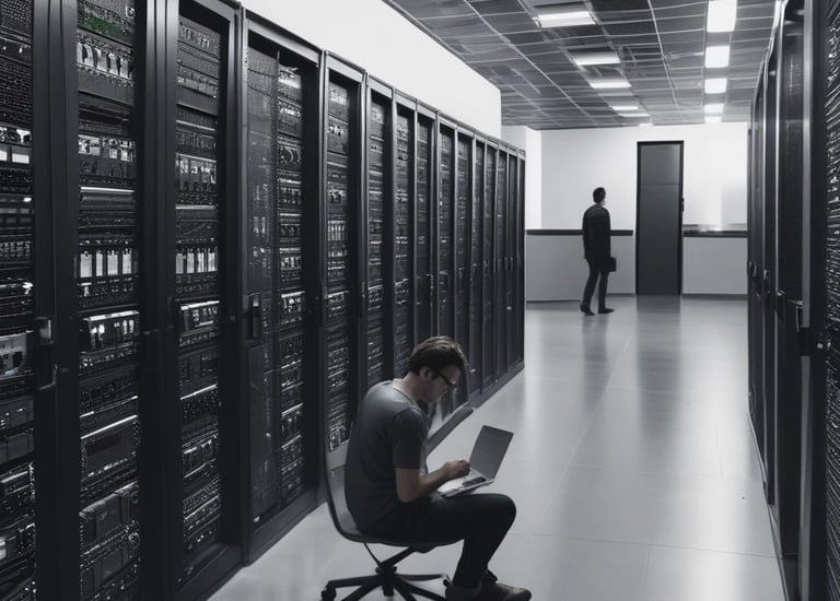 Cloud architects reviewing infrastructure blueprints on a digital tablet.