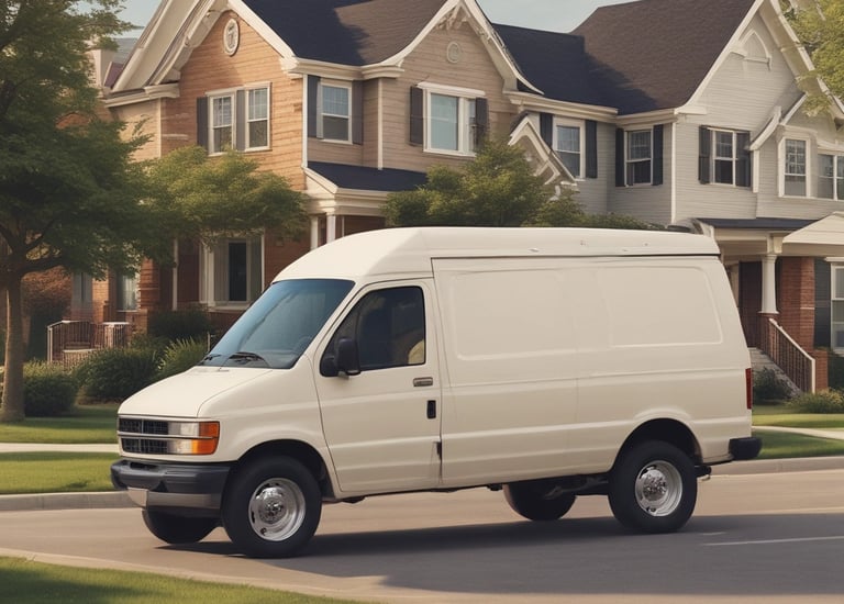 A delivery van navigating through city streets during sunset.