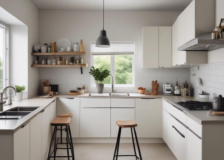 Bright kitchen interior with new white cabinets and subtle blue details.