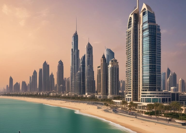 A split image showing a bustling Indian city skyline on one side and the modern Dubai skyline with iconic skyscrapers on the other.