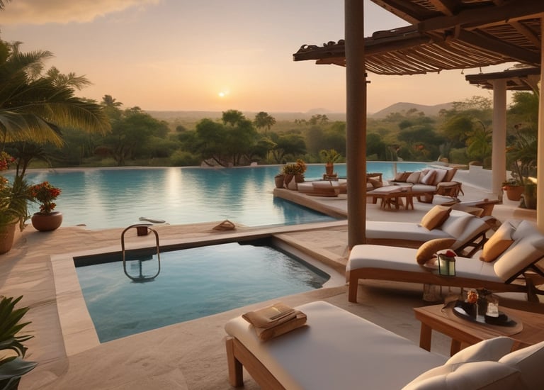 A cozy villa surrounded by lush greenery and a stone pathway.