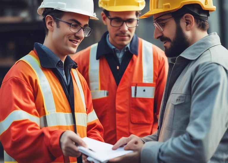 Team meeting discussing project plans in an industrial office.