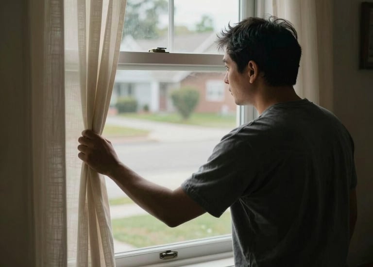 A bright solar-powered alarm mounted on a neighborhood streetlight at sunset.