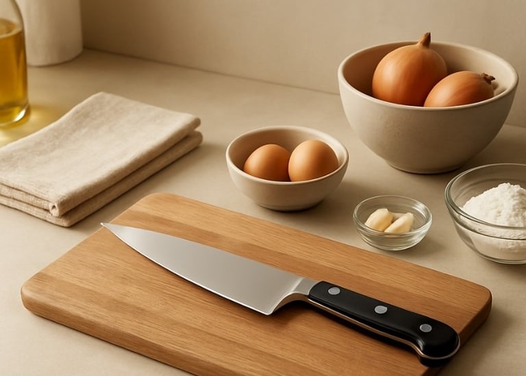 A chef's knife on a wooden cutting board with eggs, onions, garlic and flour arranged in bowls on a kitchen counter