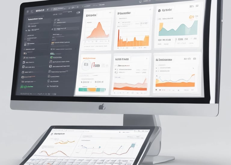Abstract digital marketing concept with data charts and growth arrows on dark background.