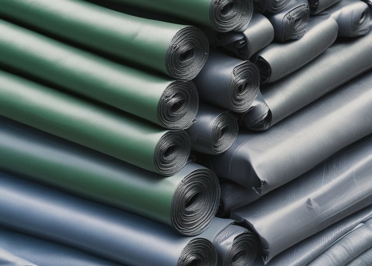 A large stack of colorful tarpaulin sheets neatly arranged in a warehouse.