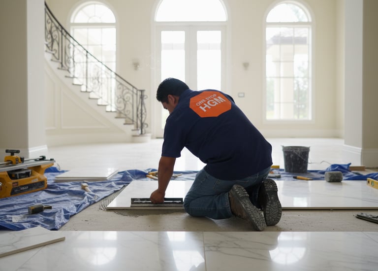 a man is working on a tile floor