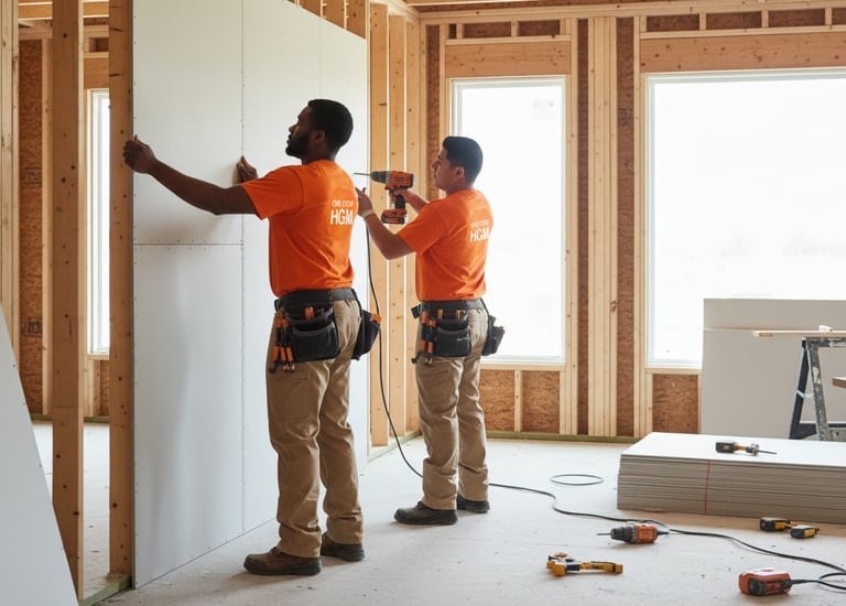 two men in orange shirts and work clothes are standing in a room hanging drywall