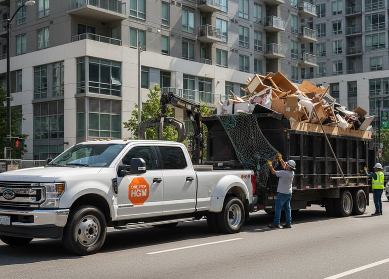 a truck with a large load of junk hauling it away