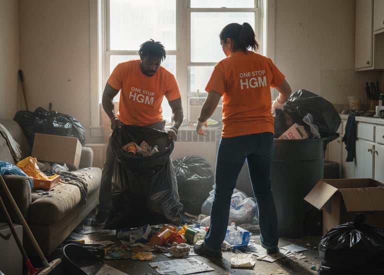 two people in orange shirts and black pants cleaning a debris filled room