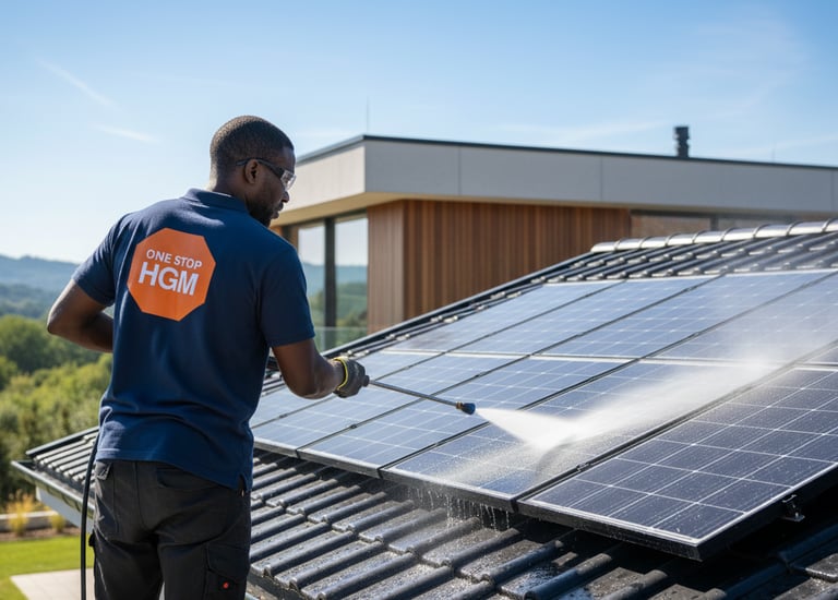 a man in a blue shirt is cleaning a solar paneled roof
