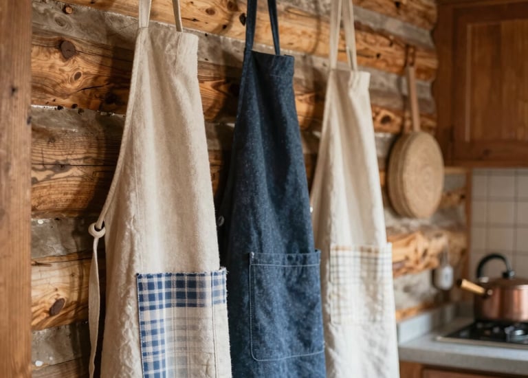 Close-up of handmade aprons hanging on a rustic wooden wall.