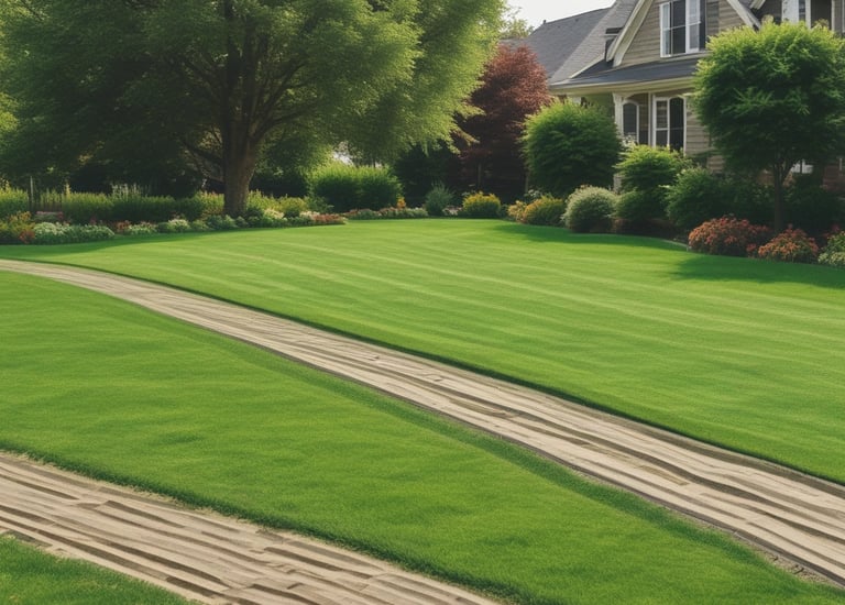 A freshly mowed lawn bordered by blooming flower beds in a cozy suburban yard.