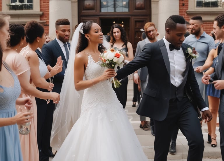 A joyful wedding couple sharing a candid moment outdoors.