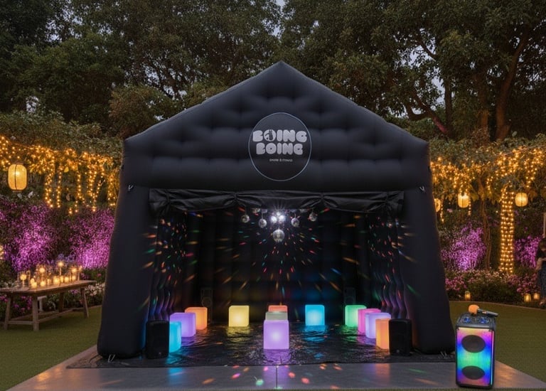 a party tent with a stage set up for a party