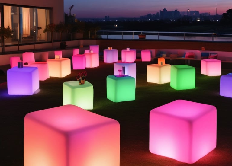 LED chairs arranged neatly around a party area in a backyard.