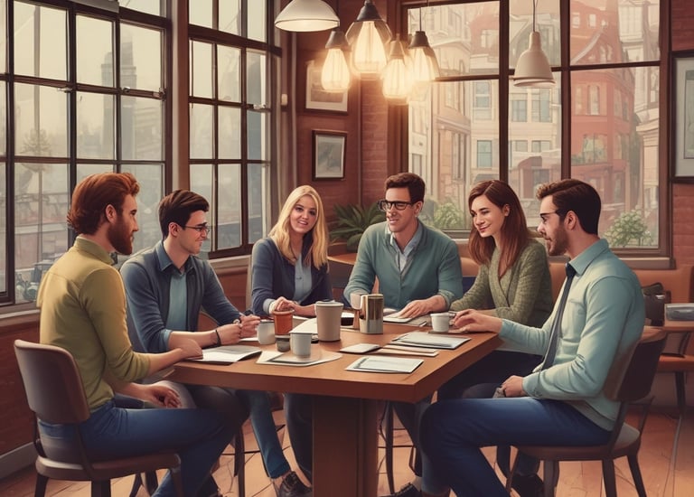 An artist's studio filled with various artworks, including framed paintings and sketches displayed on the walls and a countertop. Architectural models and design pieces are spread across the workspace. A large green plant adds a natural element, and studio lighting creates a focused atmosphere.