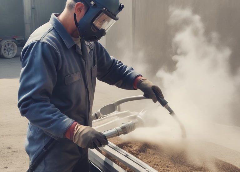 A large advertisement painted on the side of a building promotes painting your property regularly to save money, showing a rustic house silhouette. To the left, a construction site with a demolition crane indicates possible urban development. Shipping containers and a rooftop are visible, suggesting an industrial area.