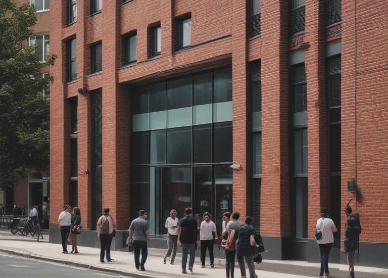 A pedestrian traffic signal displaying a walking figure within a city setting. The signal shows a countdown timer and is mounted on a pole with a yellow and black diagonal striped pattern. Surrounding the traffic light are various buildings, one with Chinese characters on signs, and a parking sign.
