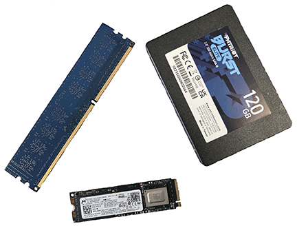 An image of RAM and two hard drives for computers