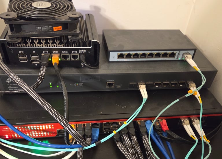 A network station showing a router, Ethernet switches and Fiber switch