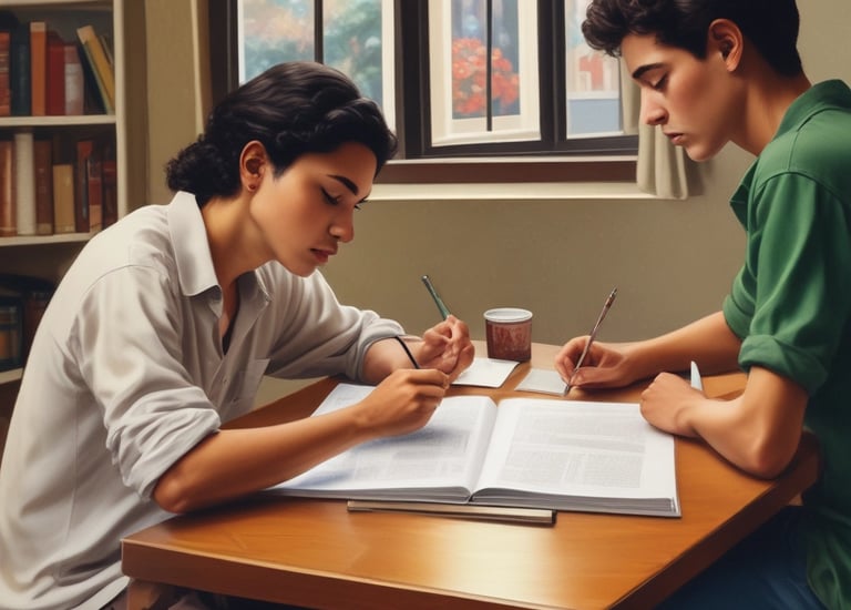 A young child and an adult are sitting at a wooden desk in a classroom, focusing on some written materials. The adult is holding a notebook and appears to be helping the child, who is intently looking at papers on the desk. Nearby are pencils and other school supplies.