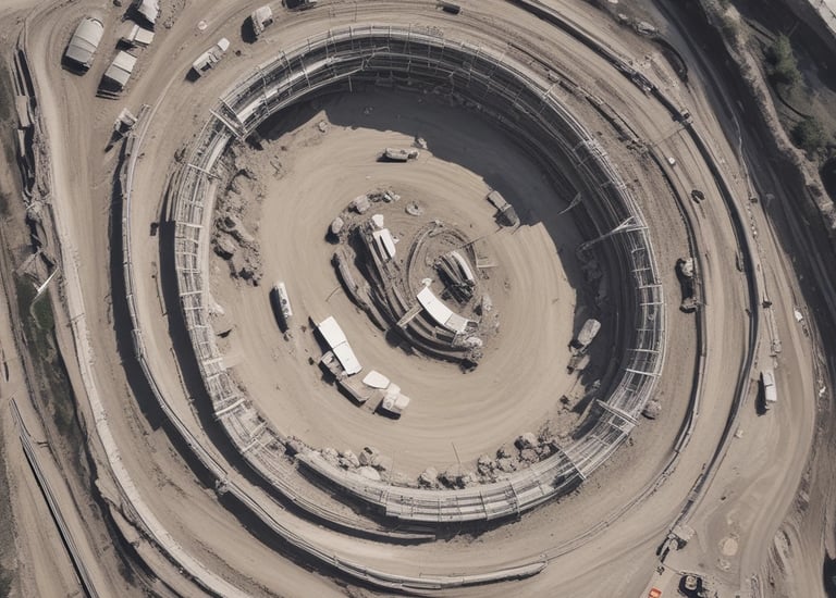 A drone capturing aerial construction site images during daytime.