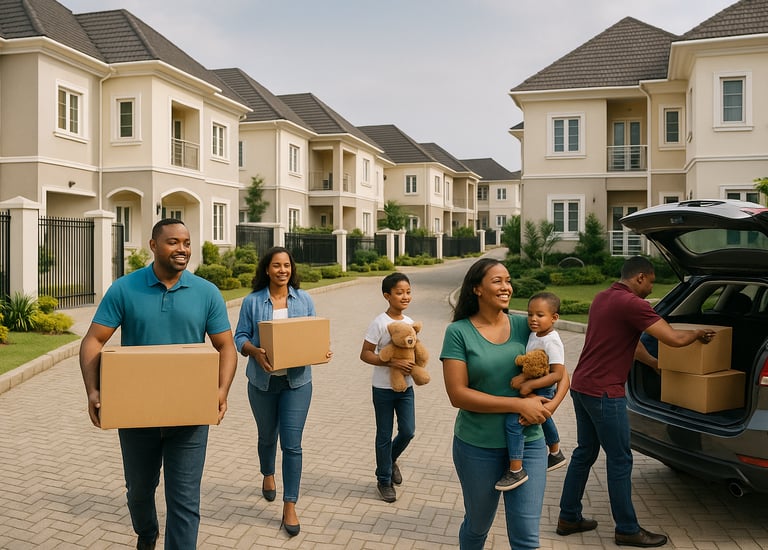 a family moving home with a car and a dog