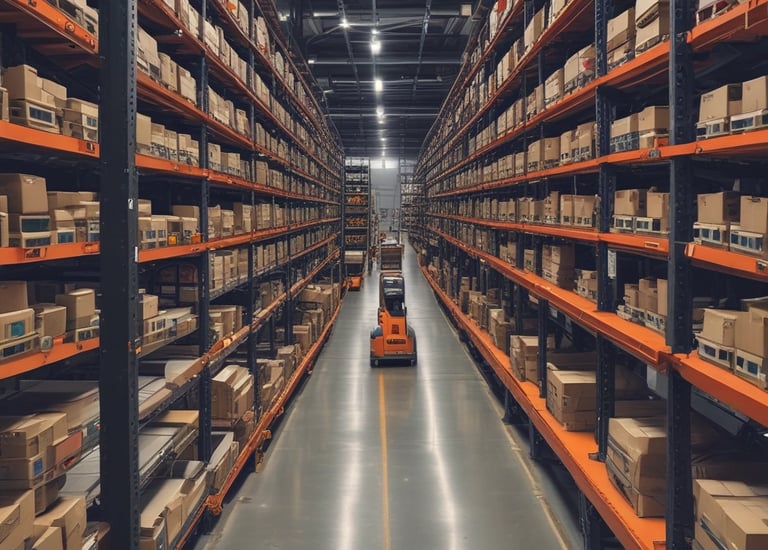 Robotic arms sorting packages in a warehouse environment.