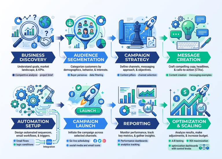 Infographic outlining an eight-step digital marketing strategy from discovery to optimization.