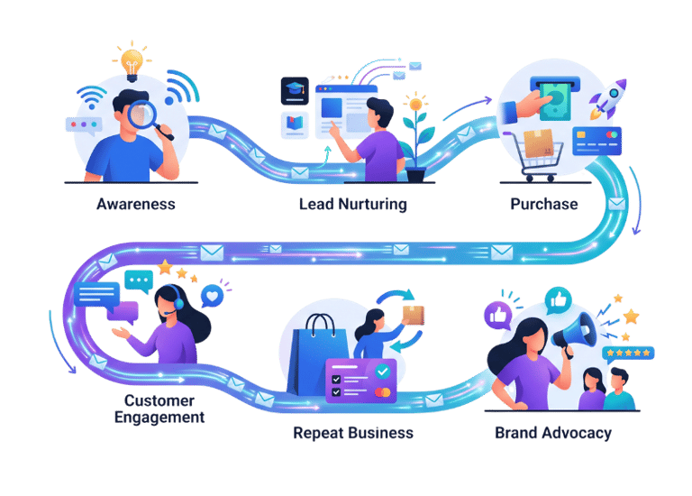 Diagram of a customer journey map showing stages from awareness and lead nurturing to brand advocacy.