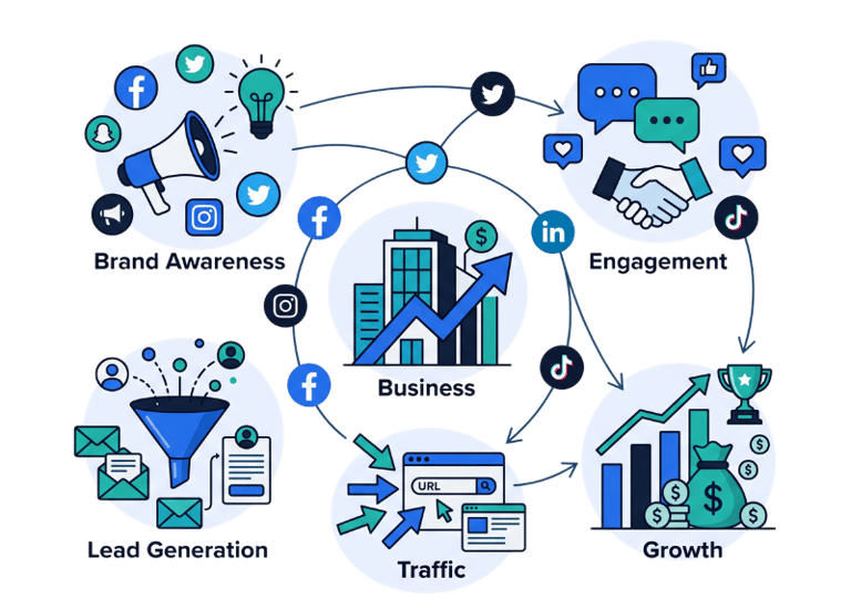 Diagram of a social media marketing strategy showing brand awareness, engagement, lead generation, and business growth.