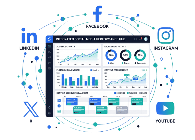 Integrated social media performance hub dashboard showing analytics and content scheduling for major platforms.